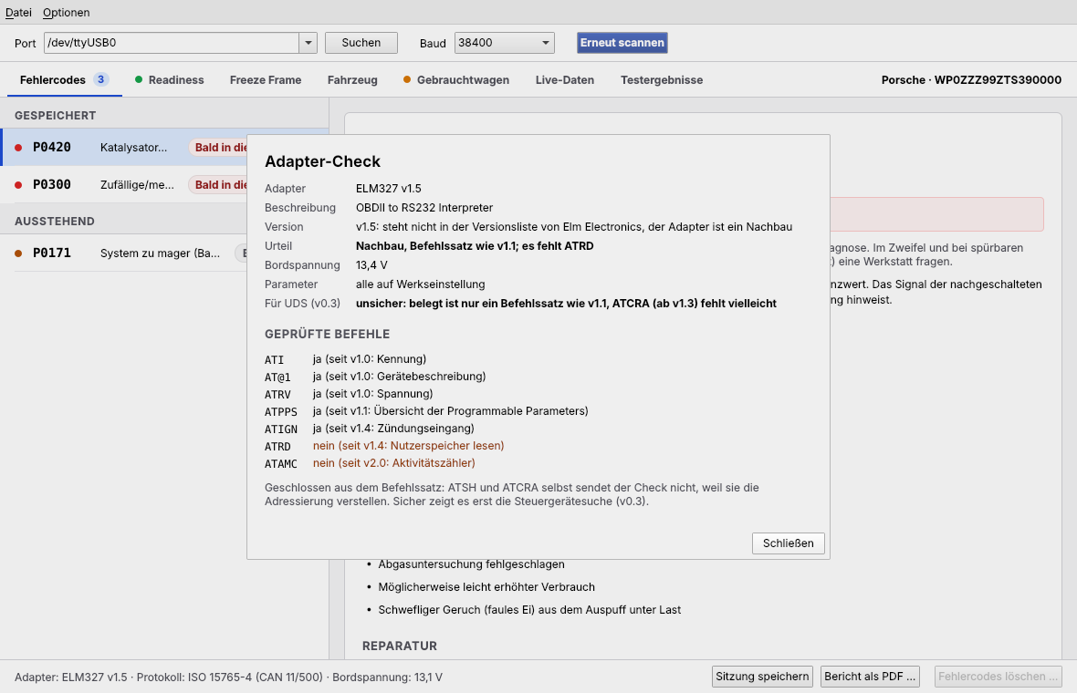 Dialog Adapter-Check mit Version, Urteil, Spannung, UDS-Eignung und den geprüften Befehlen