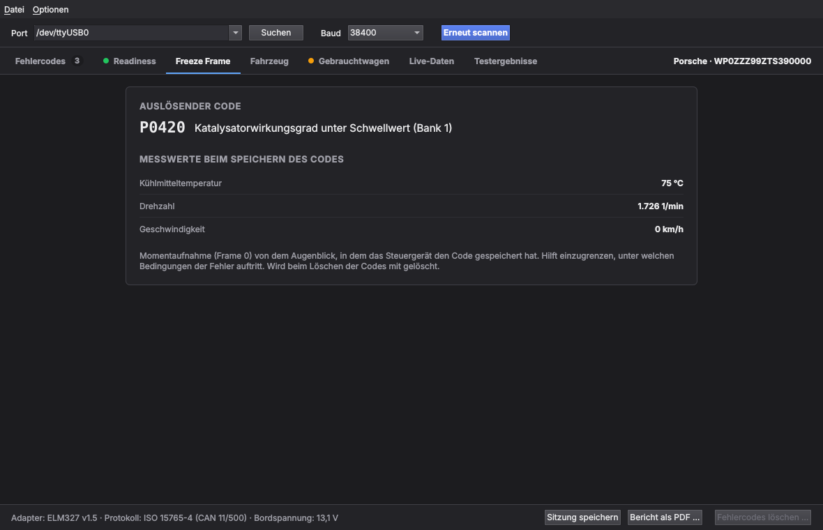 Reiter Freeze Frame: Messwerte beim Speichern des Codes
