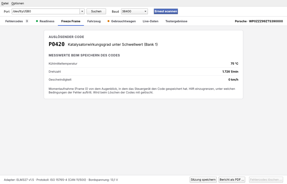 Reiter Freeze Frame: Messwerte beim Speichern des Codes