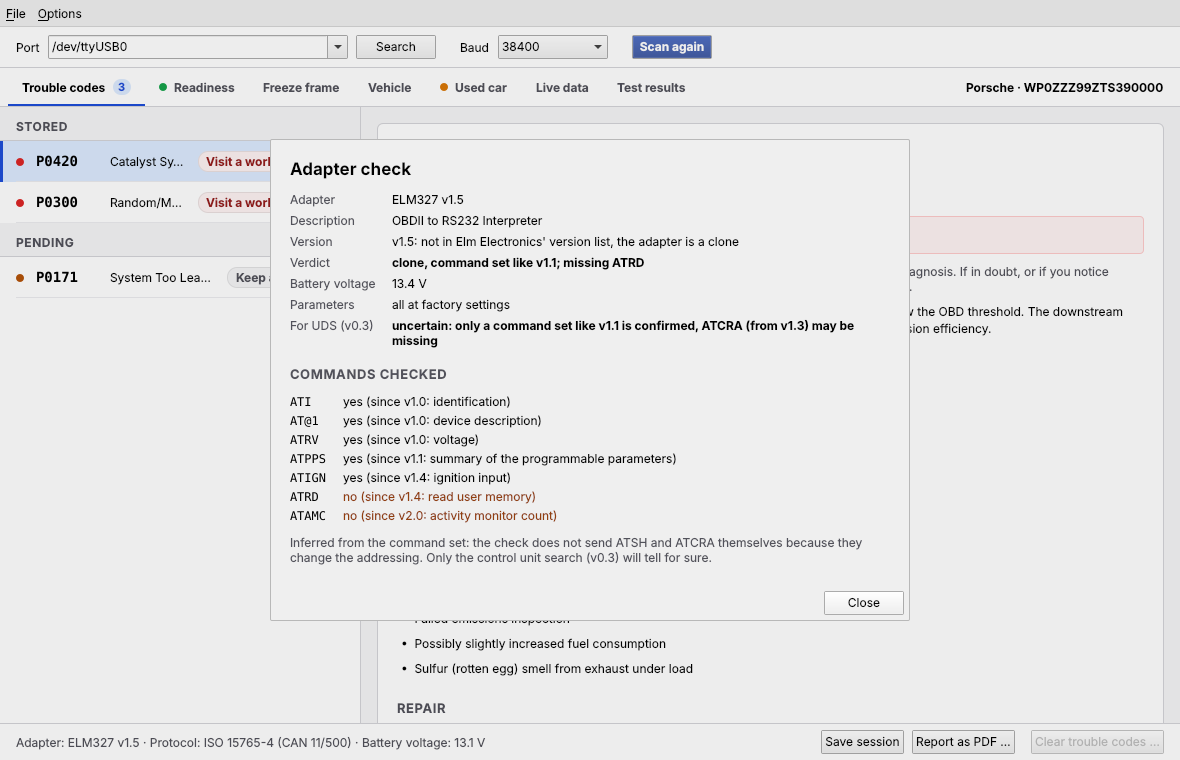 Adapter check dialog with version, verdict, voltage, UDS suitability and the commands checked