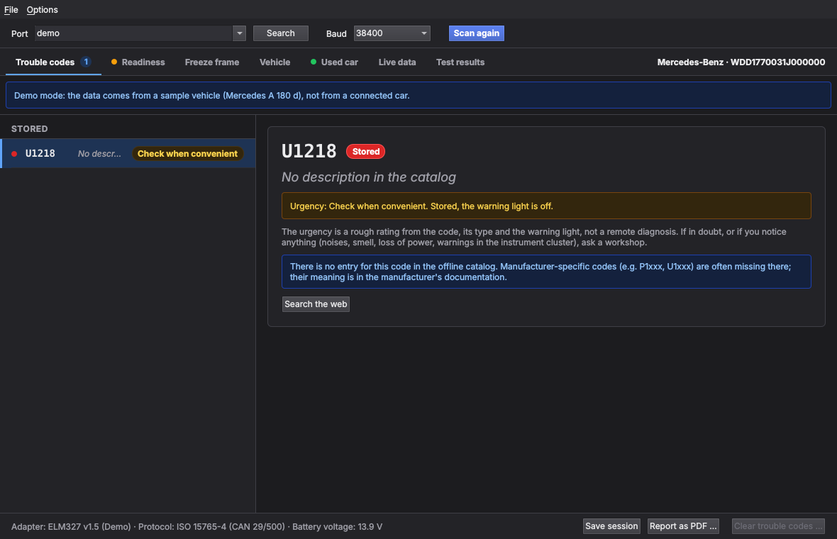 User interface in demo mode: port demo, notice above the list, code U1218
