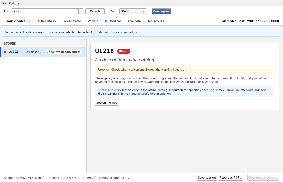 User interface in demo mode: port demo, notice above the list, code U1218