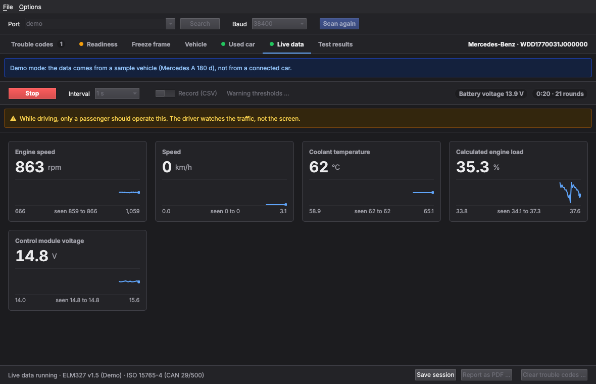 Live data in demo mode: engine speed around 860 rpm, coolant 62 °C