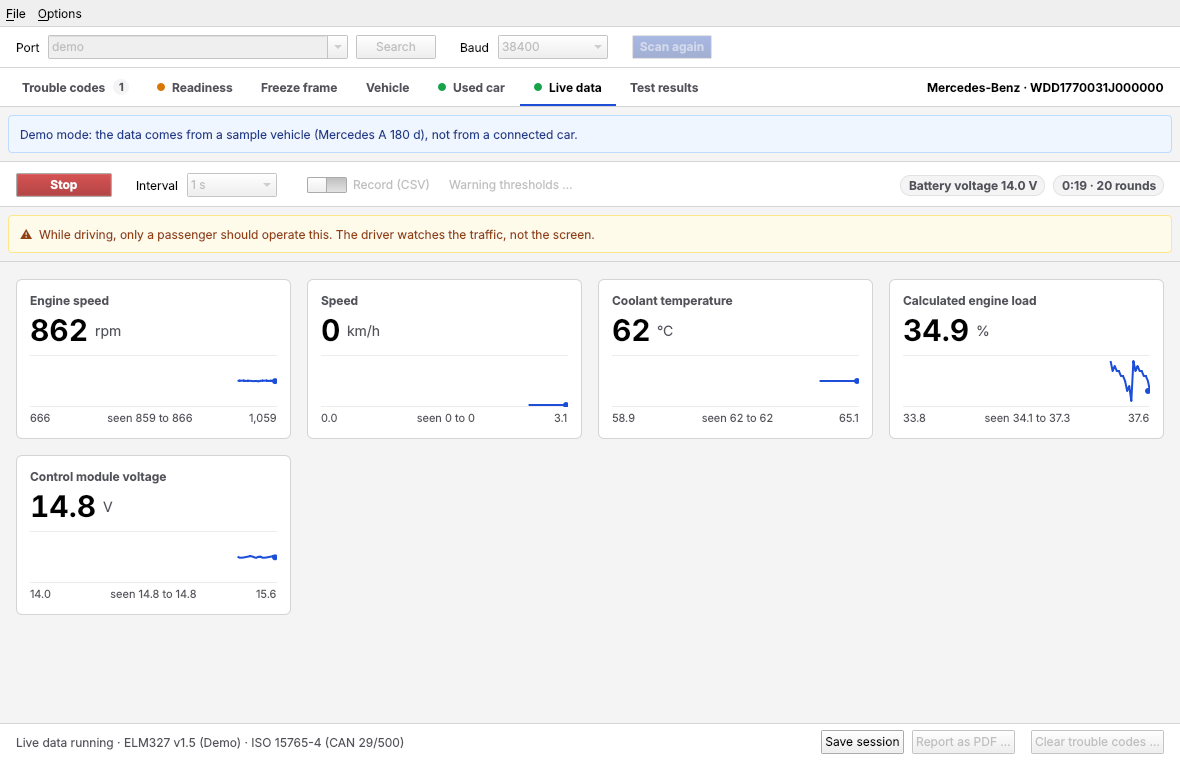 Live data in demo mode: engine speed around 860 rpm, coolant 62 °C