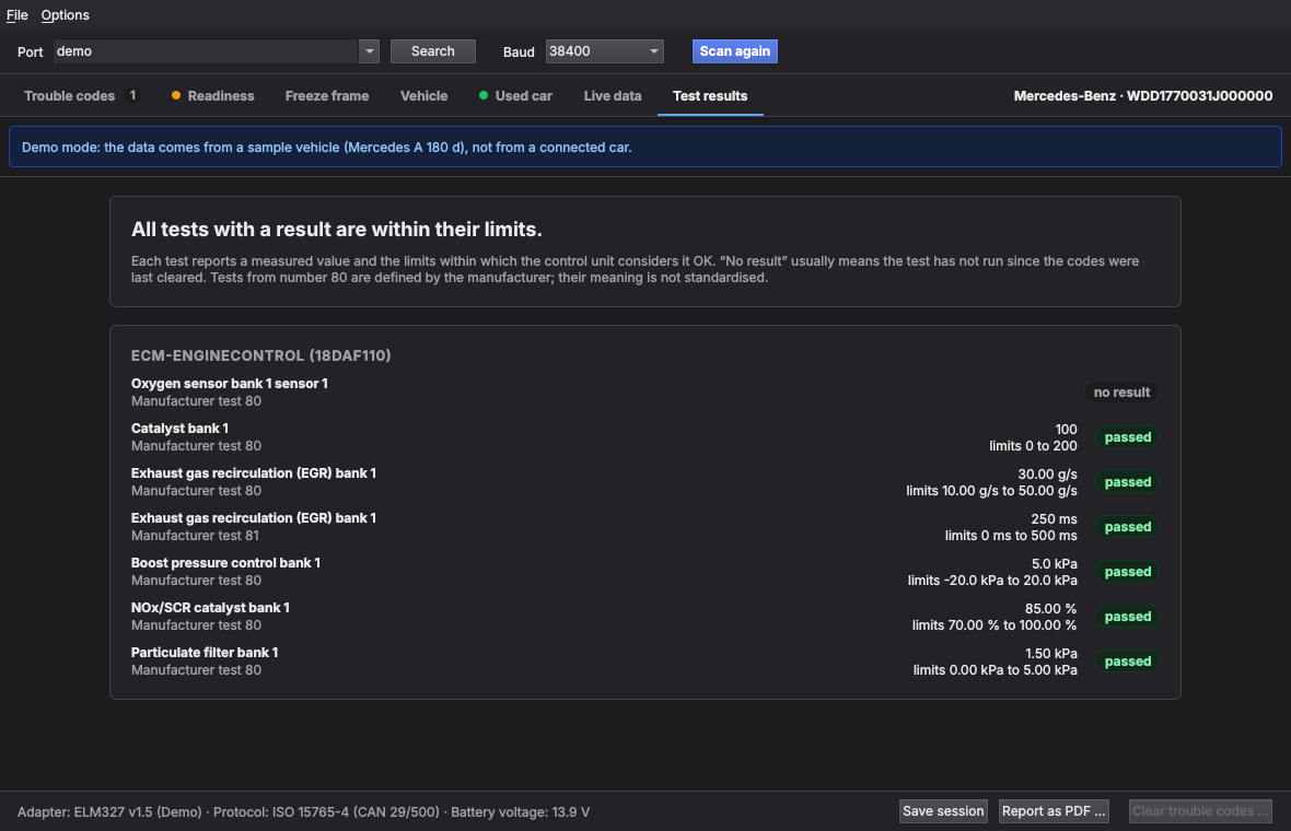 Test results tab in demo mode: seven tests of the engine control unit