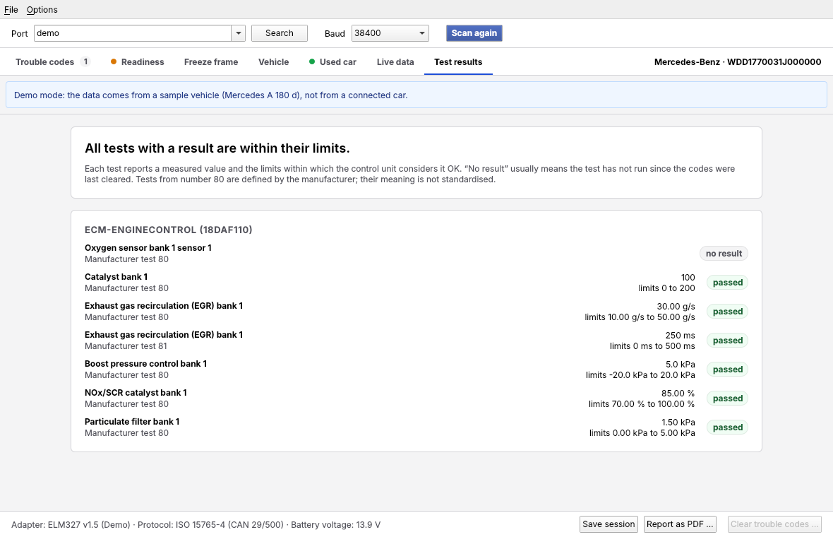 Test results tab in demo mode: seven tests of the engine control unit