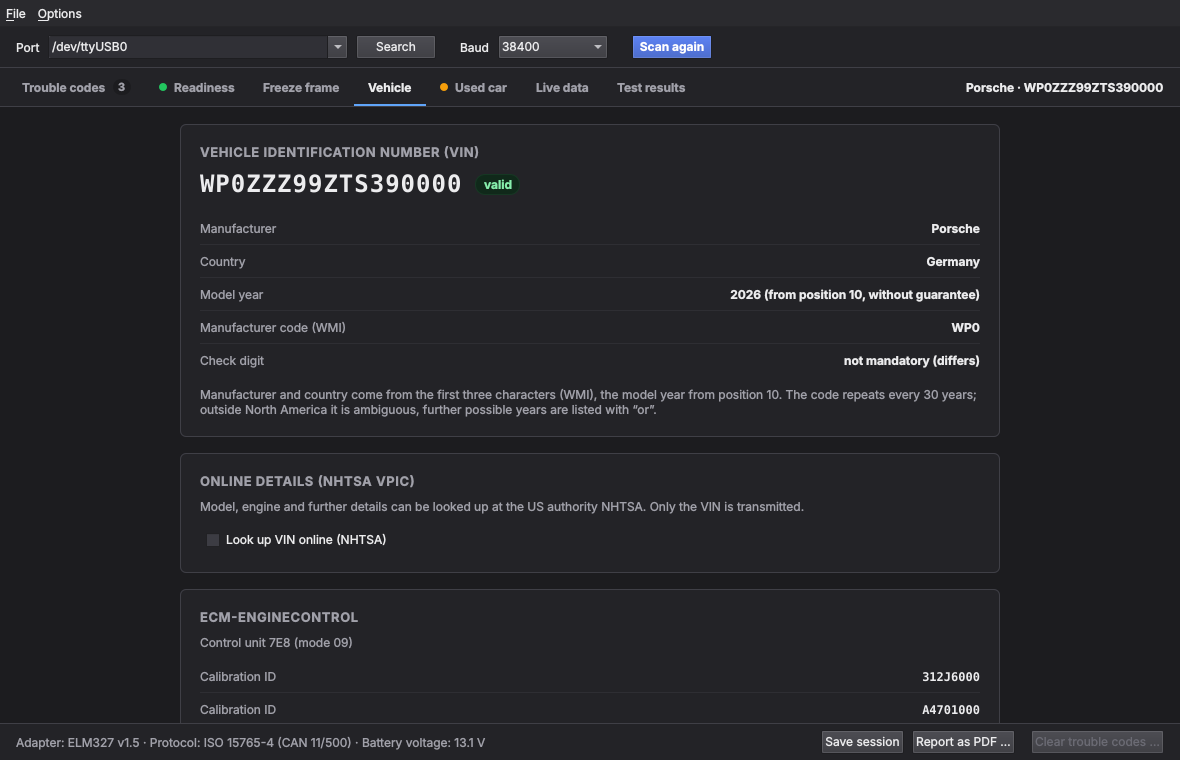 Vehicle tab: VIN and decoding