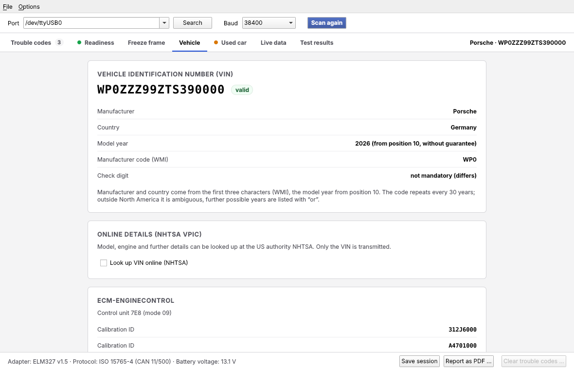 Vehicle tab: VIN and decoding