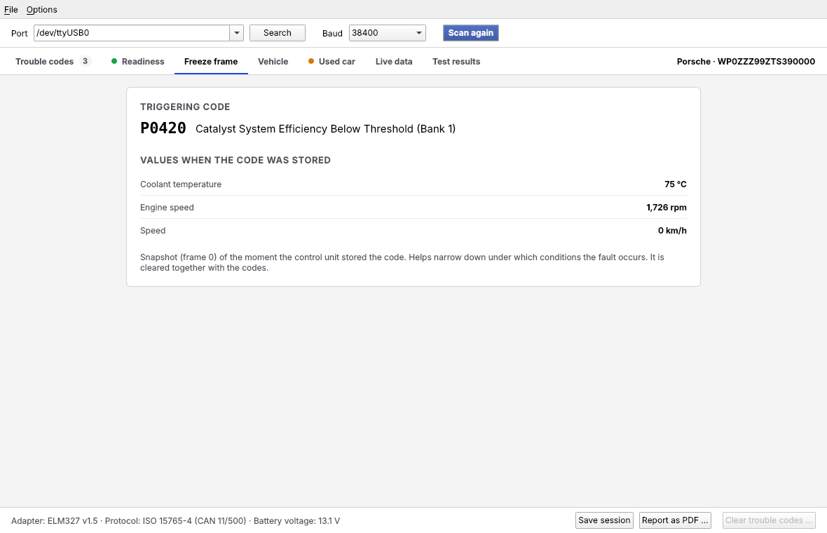 Freeze frame tab: values when the code was stored